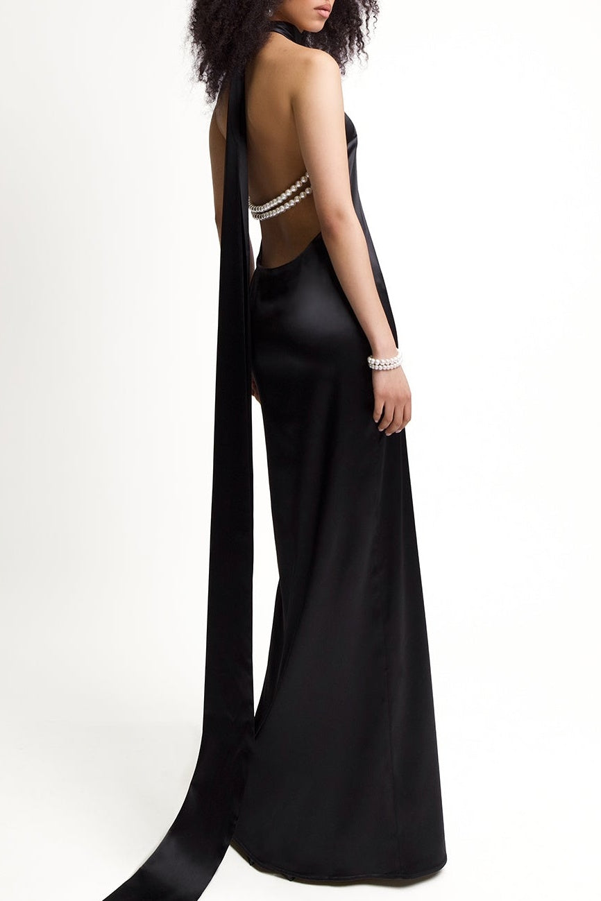 Flowering Girl Women Maelis Pearl Satin Halter Maxi Dress - Black