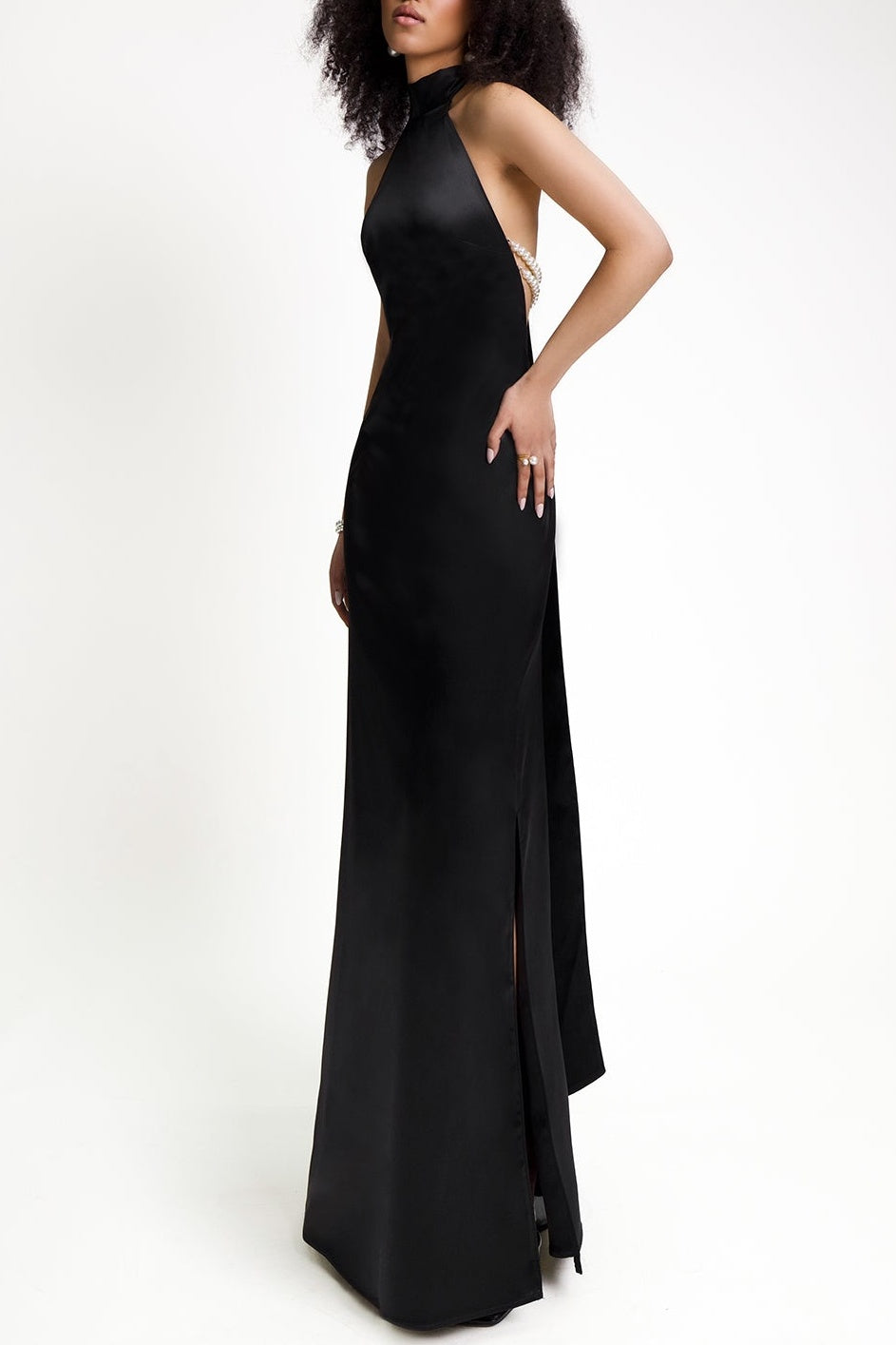 Flowering Girl Women Maelis Pearl Satin Halter Maxi Dress - Black