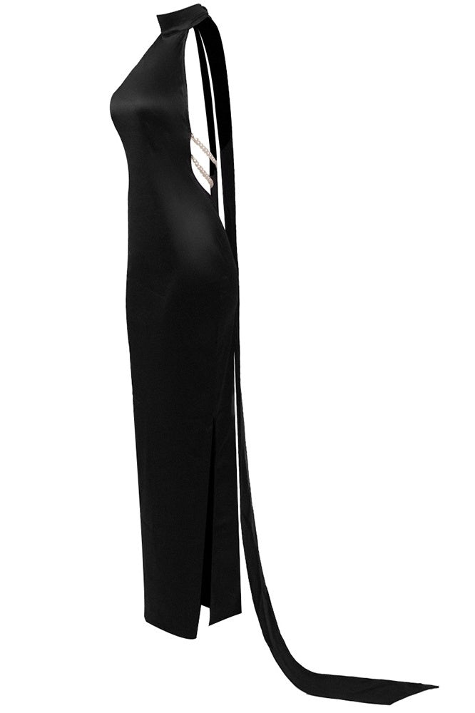 Flowering Girl Women Maelis Pearl Satin Halter Maxi Dress - Black