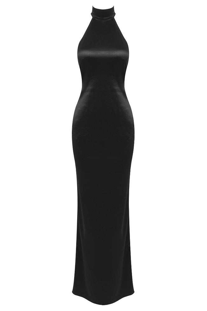 Flowering Girl Women Maelis Pearl Satin Halter Maxi Dress - Black