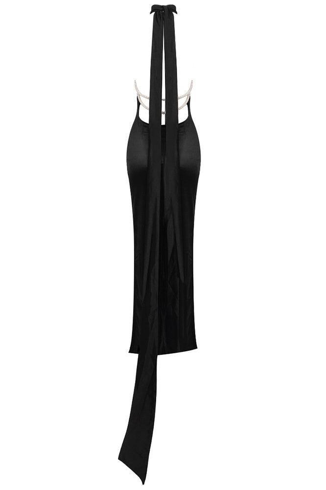 Flowering Girl Women Maelis Pearl Satin Halter Maxi Dress - Black