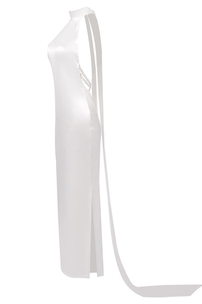 Flowering Girl Women Maelis Pearl Satin Halter Maxi Dress - White