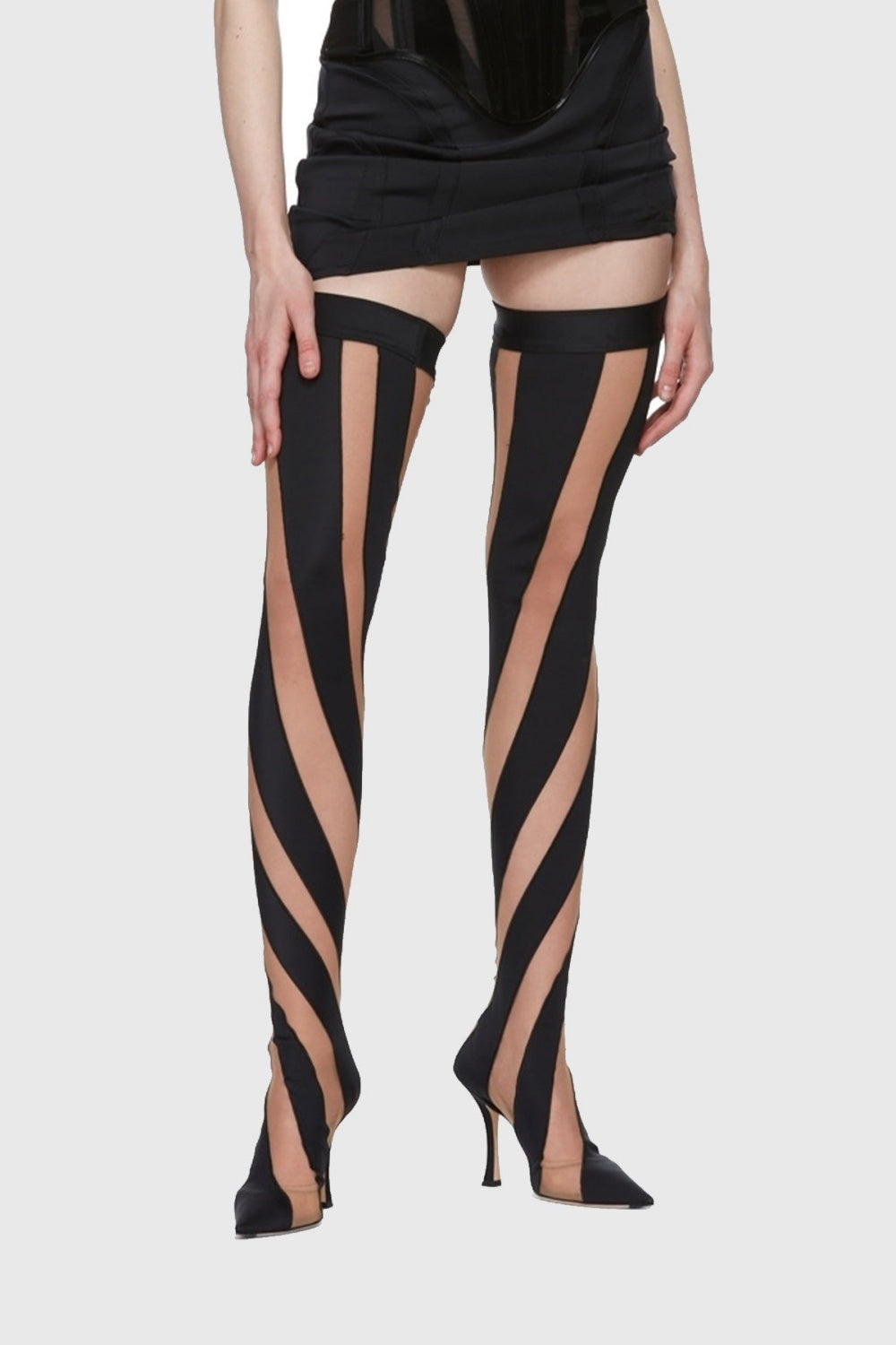 Flowering Girl Women Maeve Stripe Mesh Sock Thigh-high Boots - Black