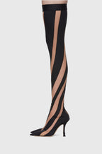 Flowering Girl Women Maeve Stripe Mesh Sock Thigh-high Boots - Black