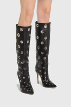 Flowering Girl Women Clara Rivet Cutout Leather Knee-high Boots
