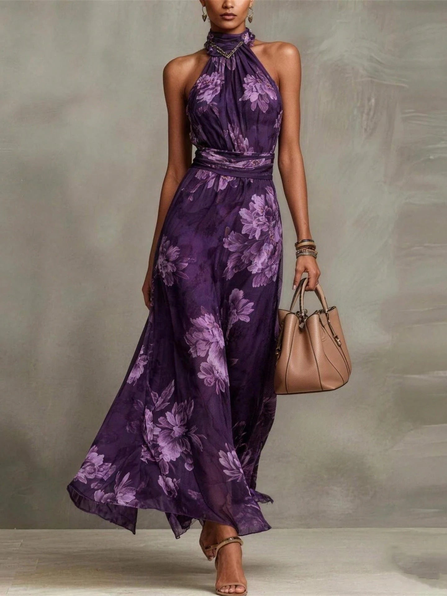 Flowering Girl Women Green Floral Chiffon Halter Maxi Dress