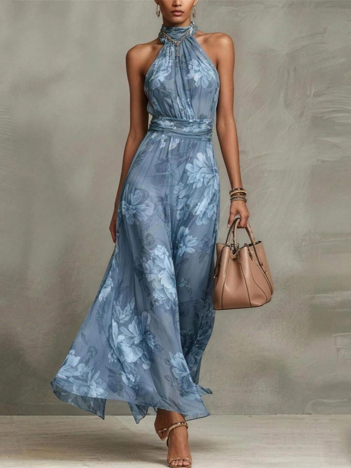 Flowering Girl Women Green Floral Chiffon Halter Maxi Dress