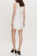 Flowering Girl Women Embroidered Phoenix Tail Hollow Flower Sleeveless Short Dress - white