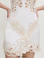 Flowering Girl Women Embroidered Phoenix Tail Hollow Flower Sleeveless Short Dress - white