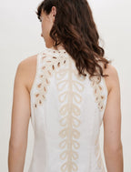 Flowering Girl Women Embroidered Phoenix Tail Hollow Flower Sleeveless Short Dress - white