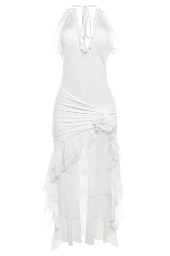 Flowering Girl Women Malia Halter Mesh Flower Ruffle Midi Dress