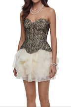 Flowering Girl Women Strapless Black Lace Corset Ruffle Tulle Mini Dress