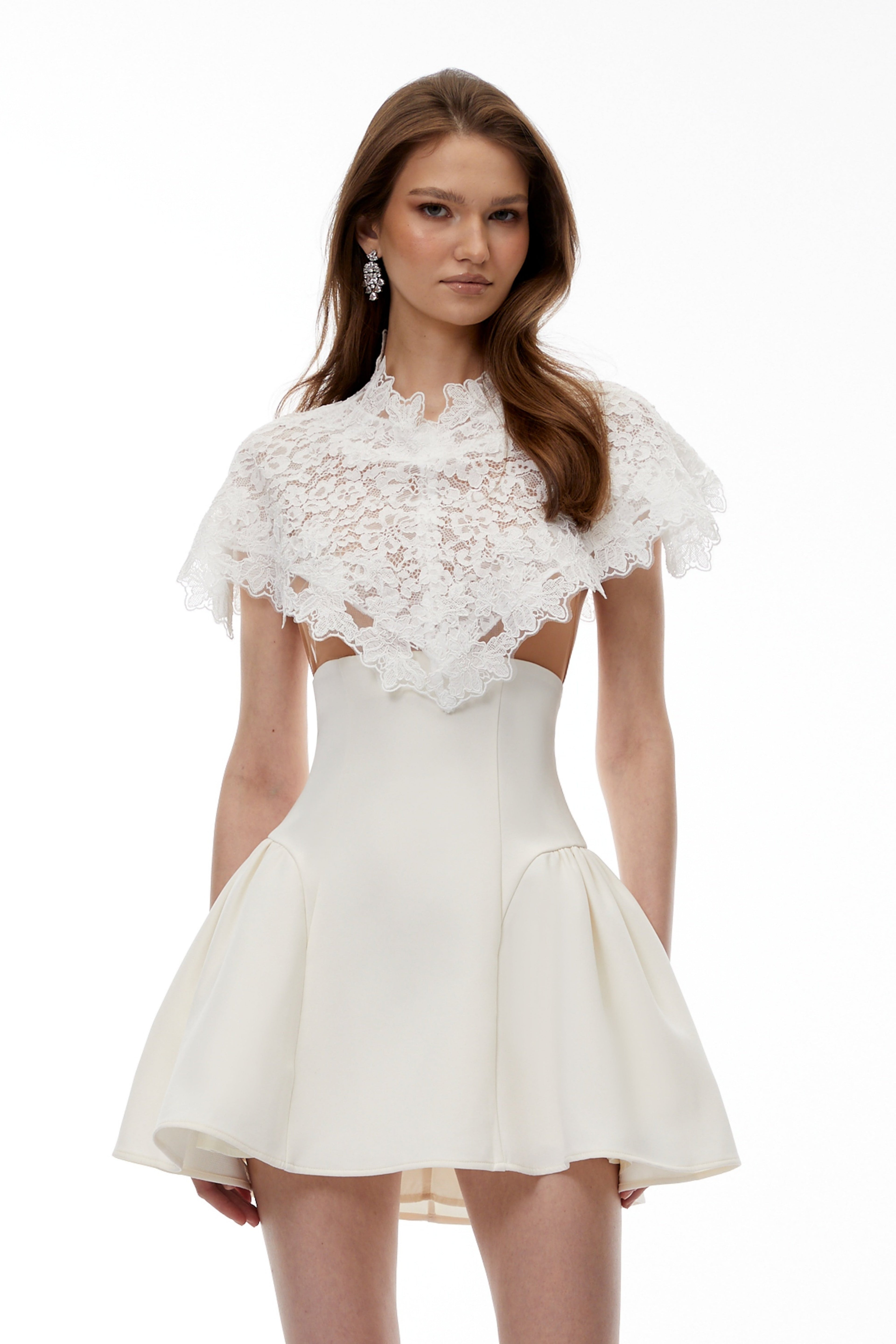 Mandana White Lace Mini Dress With Cape