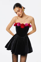 Flowering Girl Women Floral Strapless Velvet Mini Dress
