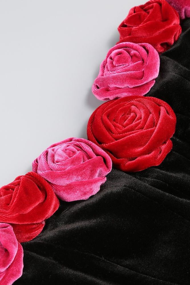 Flowering Girl Women Floral Strapless Velvet Mini Dress