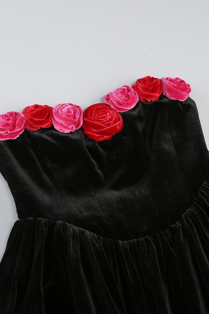 Flowering Girl Women Floral Strapless Velvet Mini Dress