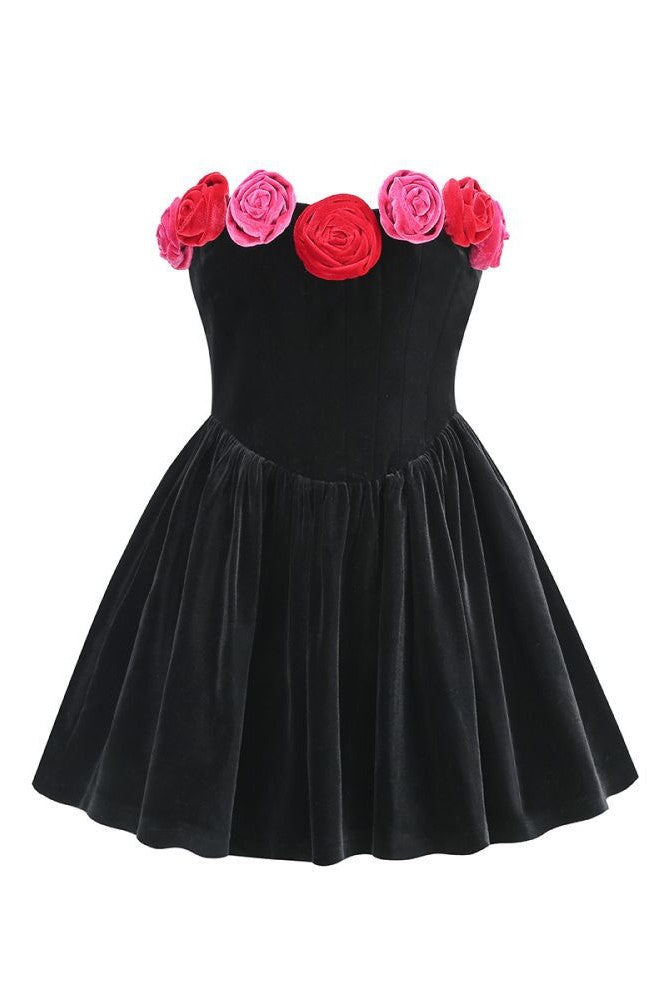 Flowering Girl Women Floral Strapless Velvet Mini Dress