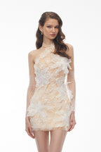 Flowering Girl Women shirley Champagne Halterneck Mini Dress with 3D Petals