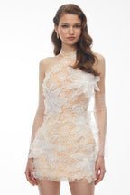 Flowering Girl Women shirley Champagne Halterneck Mini Dress with 3D Petals