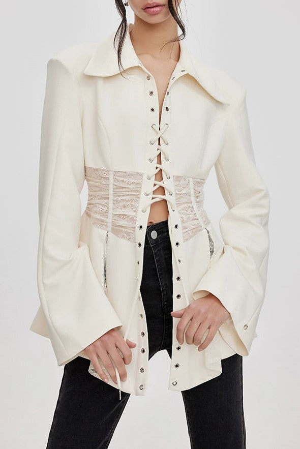 Flowering Girl Women Melany See Through Lace Up Shirt in White