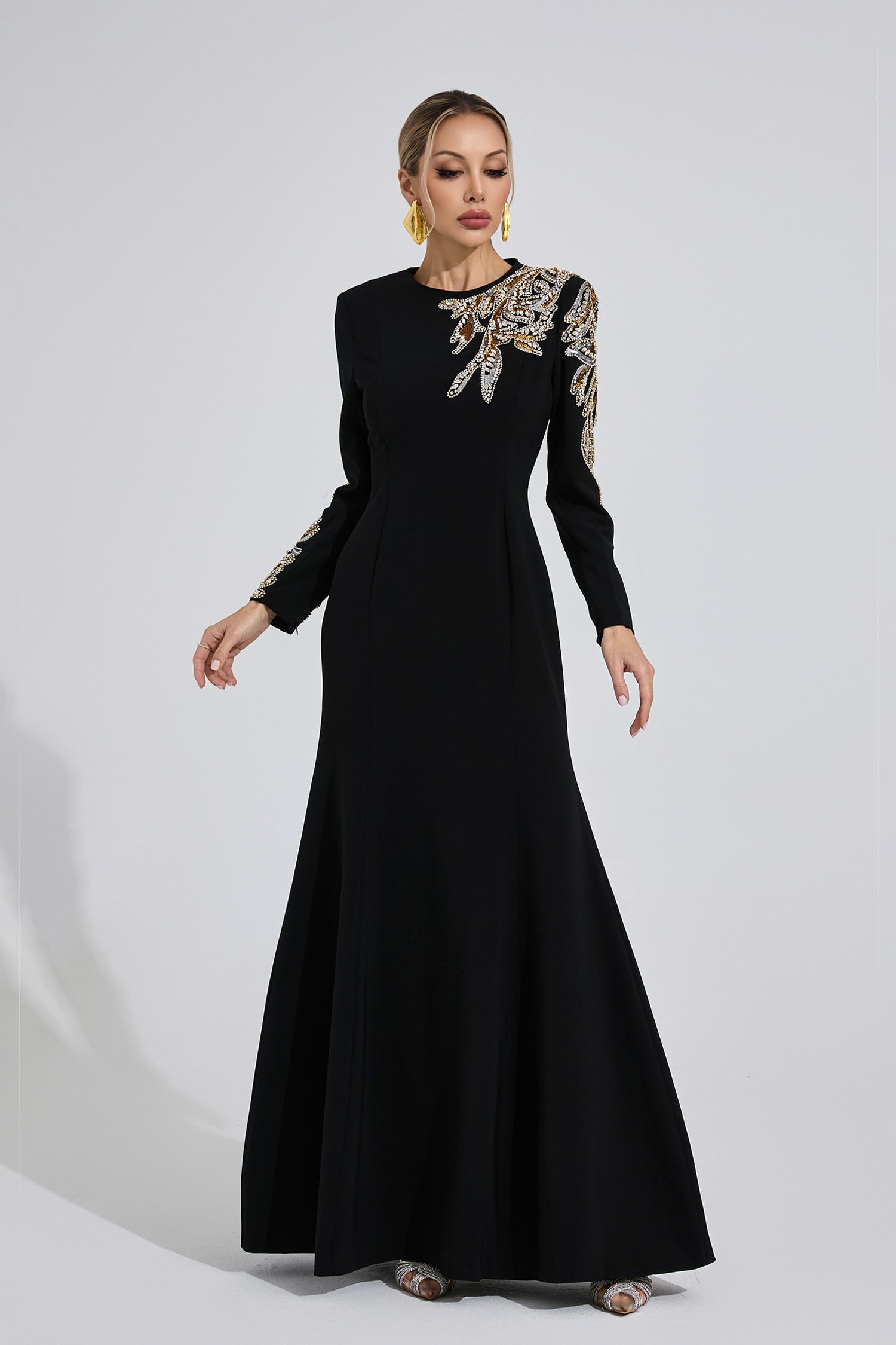 Flowering Girl Women rebecca Black rhinestone embellished long sleeve Maxi Dress