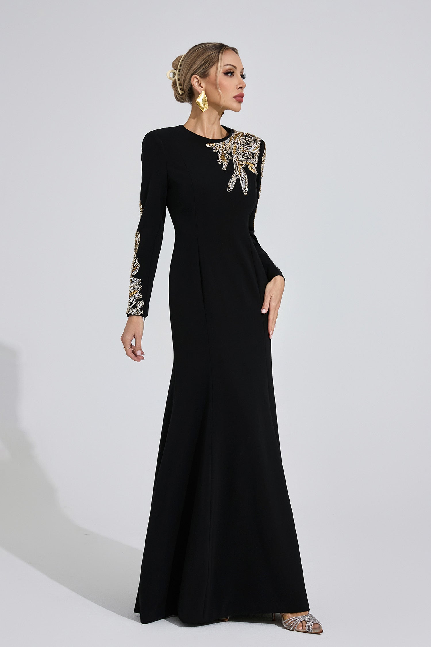 Flowering Girl Women rebecca Black rhinestone embellished long sleeve Maxi Dress