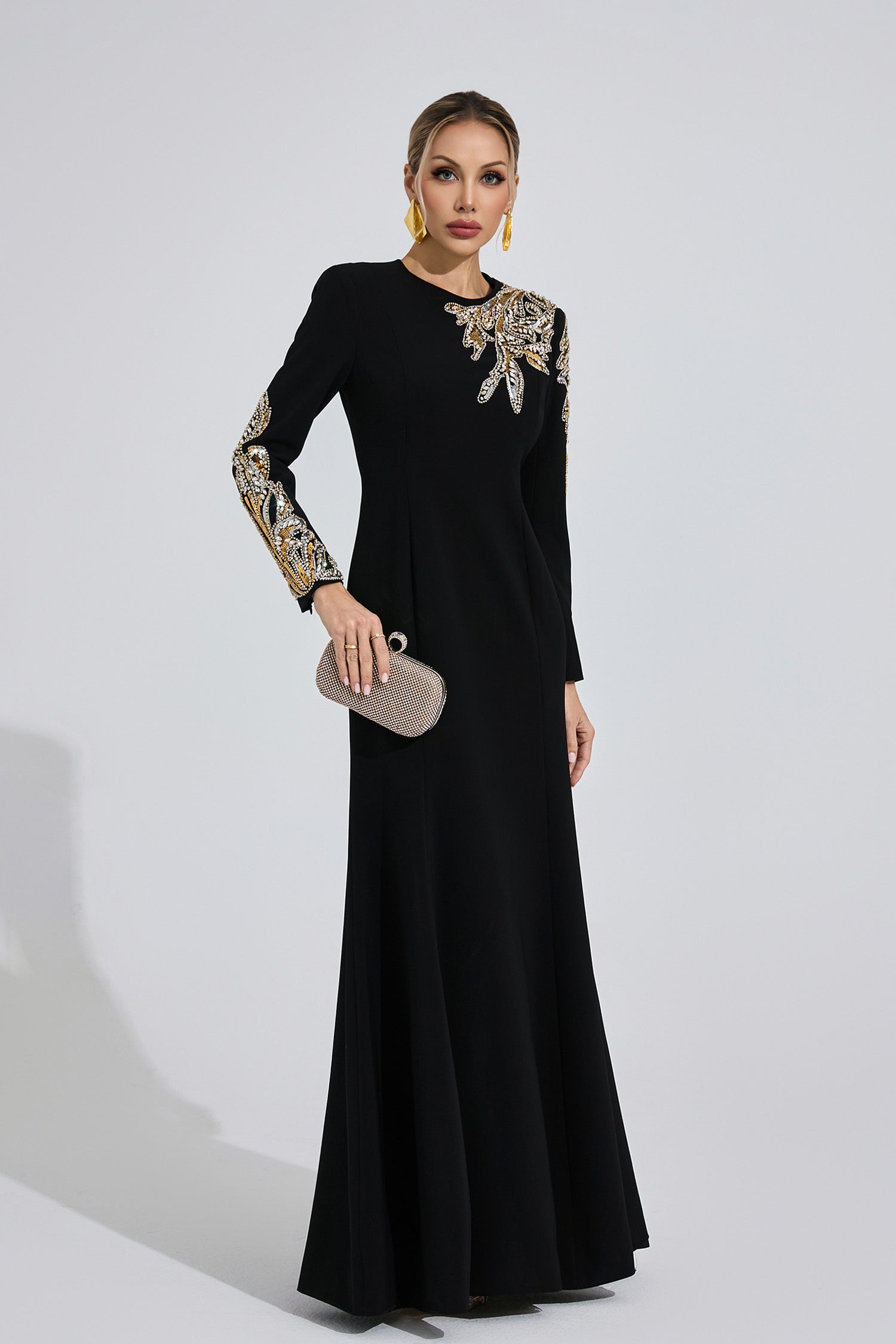 Flowering Girl Women rebecca Black rhinestone embellished long sleeve Maxi Dress
