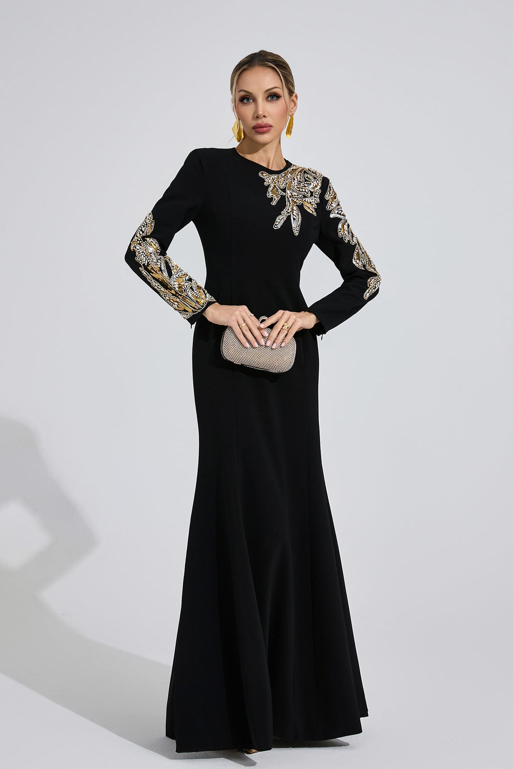 Flowering Girl Women rebecca Black rhinestone embellished long sleeve Maxi Dress