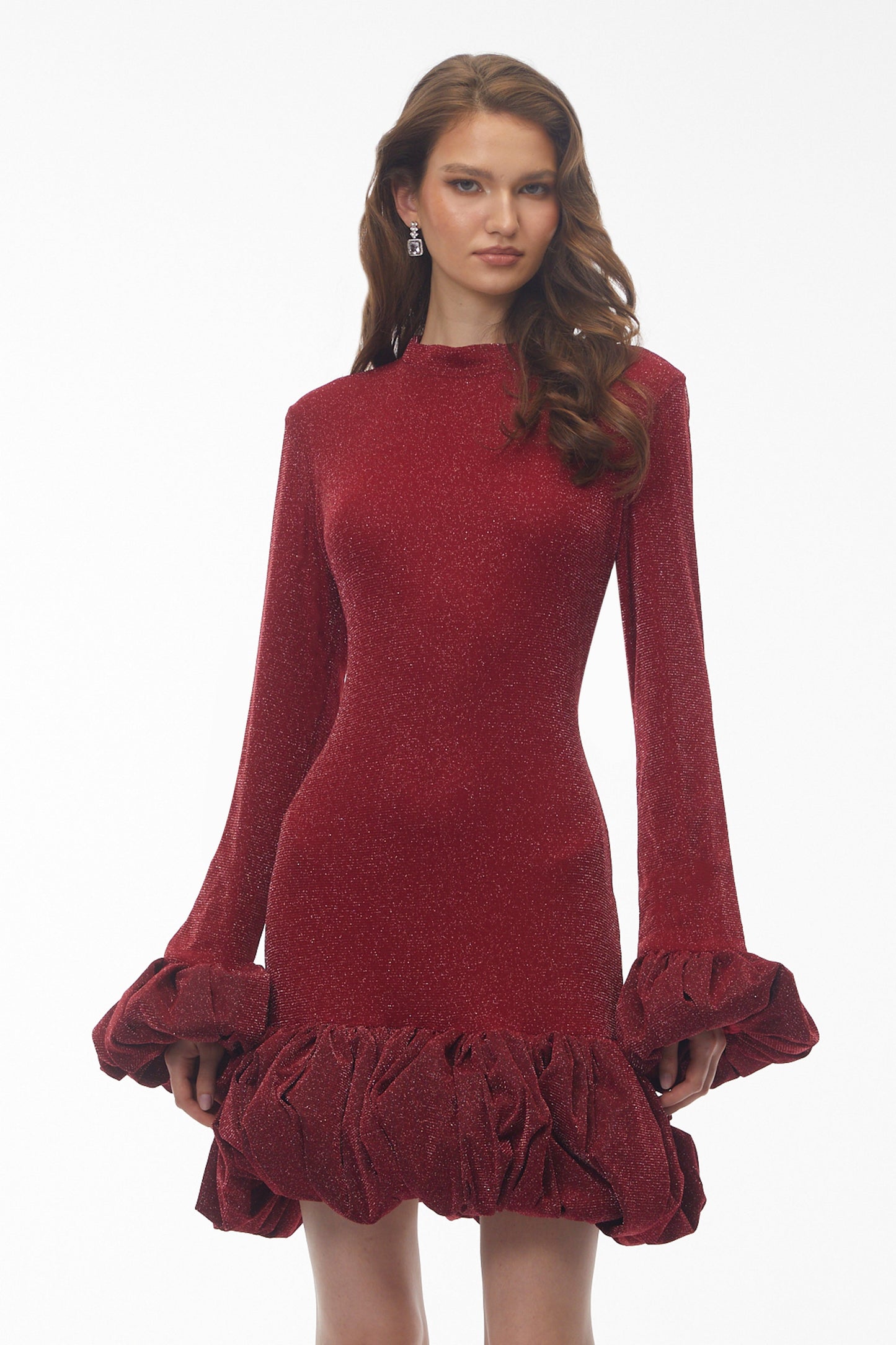 tabitha Long Sleeve Midi Dress with Ruffled Trim - burgundy