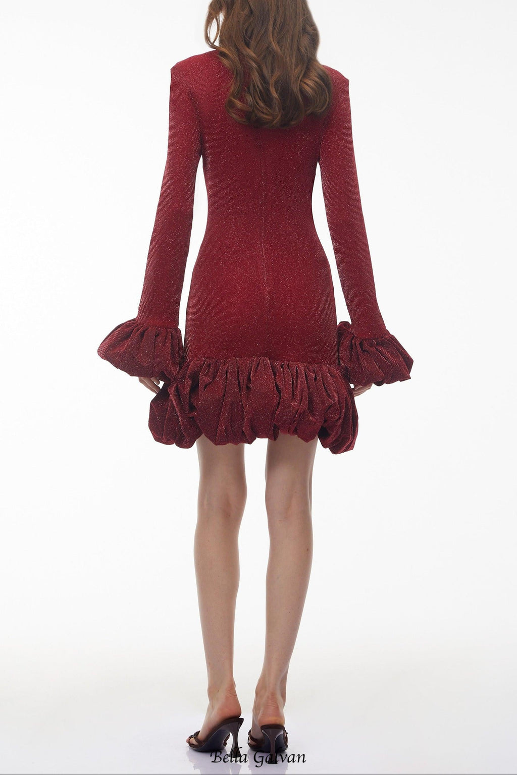 tabitha Long Sleeve Midi Dress with Ruffled Trim - burgundy
