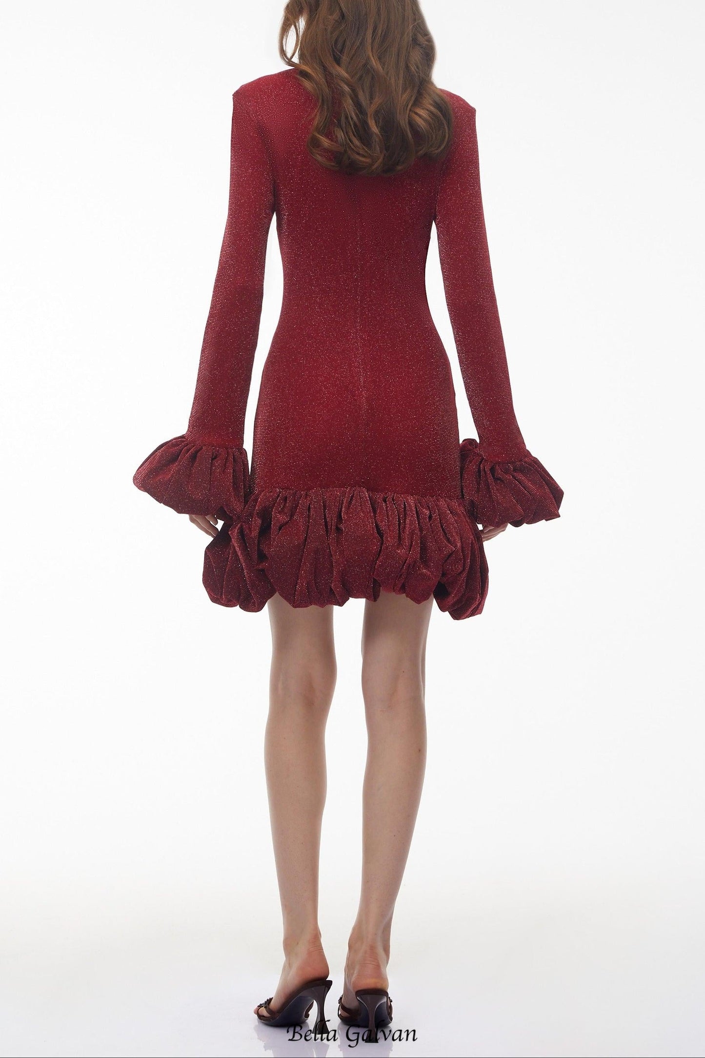 tabitha Long Sleeve Midi Dress with Ruffled Trim - burgundy