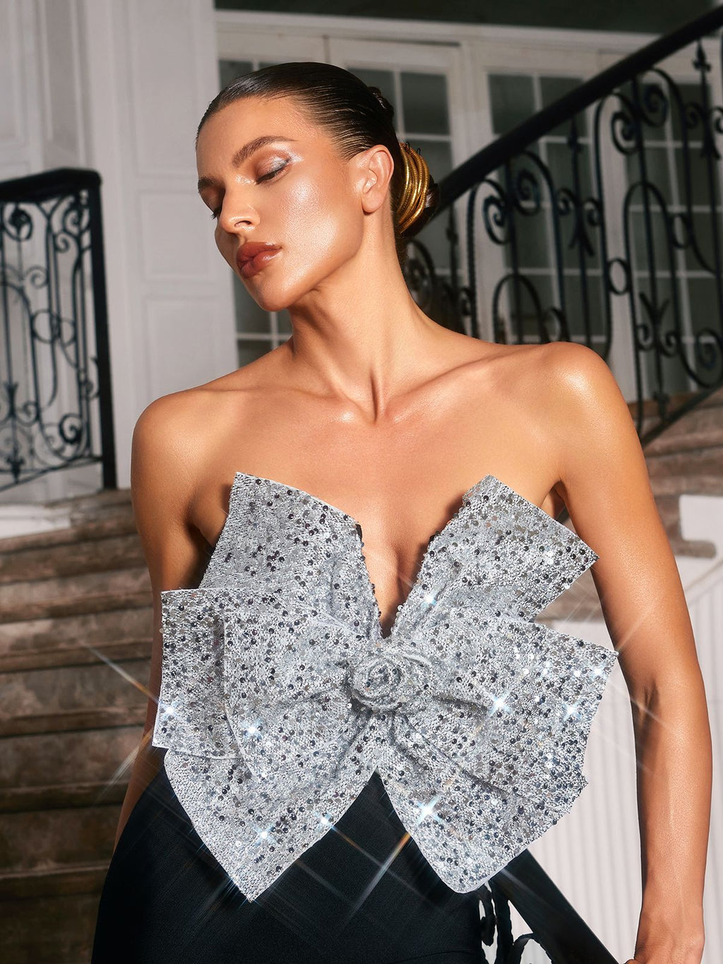 Flowering Girl Women Mesa Strapless Bow Sequin Bandage Mini Dress