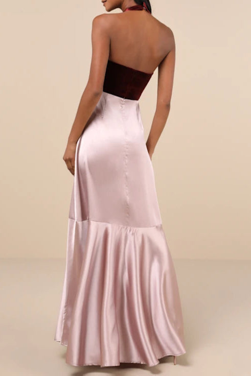 Mesmerizing Impression Mauve Pink Mixed Media Halter Maxi Dress