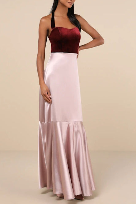 Mesmerizing Impression Mauve Pink Mixed Media Halter Maxi Dress