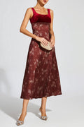 lucy Retro square neck print suspender midi dress - Burgundy