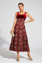 lucy Retro square neck print suspender midi dress - Burgundy