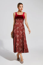 lucy Retro square neck print suspender midi dress - Burgundy