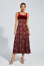 lucy Retro square neck print suspender midi dress - Burgundy