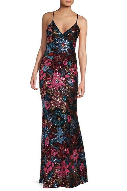 Flowering Girl Women Midnight Doll Floral Sequin V-Neck Lace-Up Back Long Dress