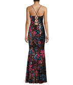 Flowering Girl Women Midnight Doll Floral Sequin V-Neck Lace-Up Back Long Dress
