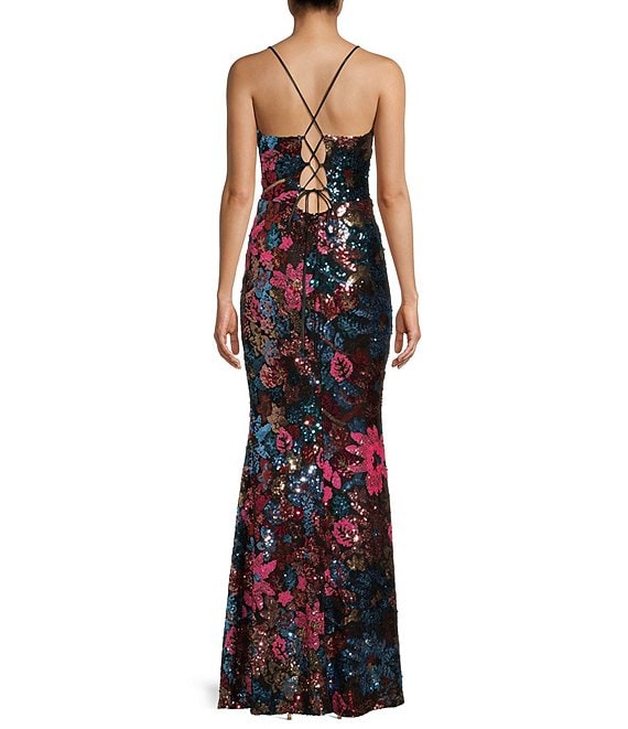 Flowering Girl Women Midnight Doll Floral Sequin V-Neck Lace-Up Back Long Dress