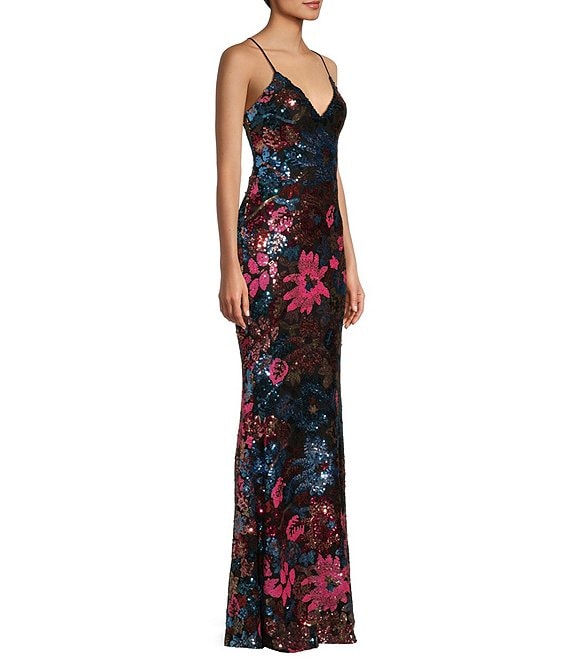 Flowering Girl Women Midnight Doll Floral Sequin V-Neck Lace-Up Back Long Dress