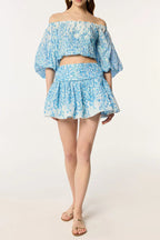OFF-SHOULDER FLORAL PRINT MINI SKIRT SET IN BLUE