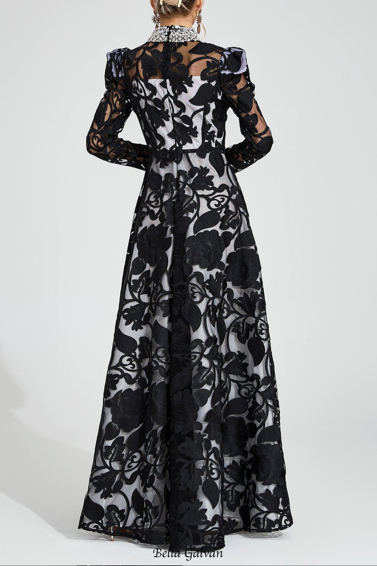 Flowering Girl Women sheila Black Diamond embroidered tulle Maxi Dress