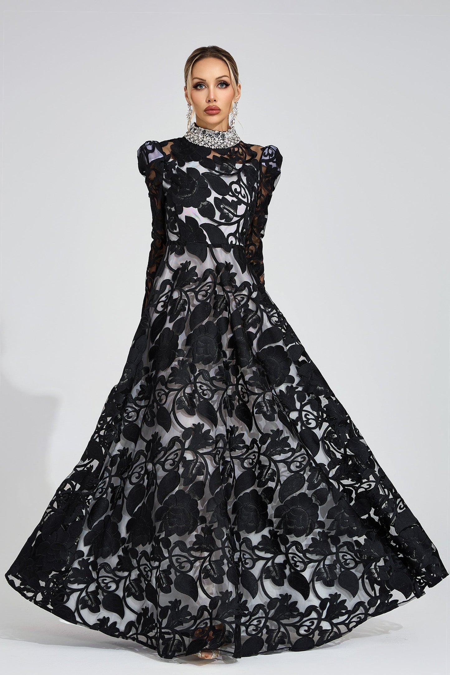 sheila Black Diamond embroidered tulle Maxi Dress