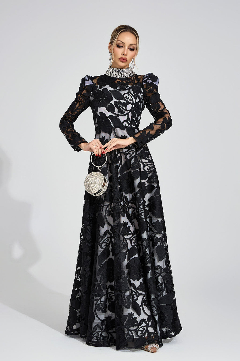Flowering Girl Women sheila Black Diamond embroidered tulle Maxi Dress