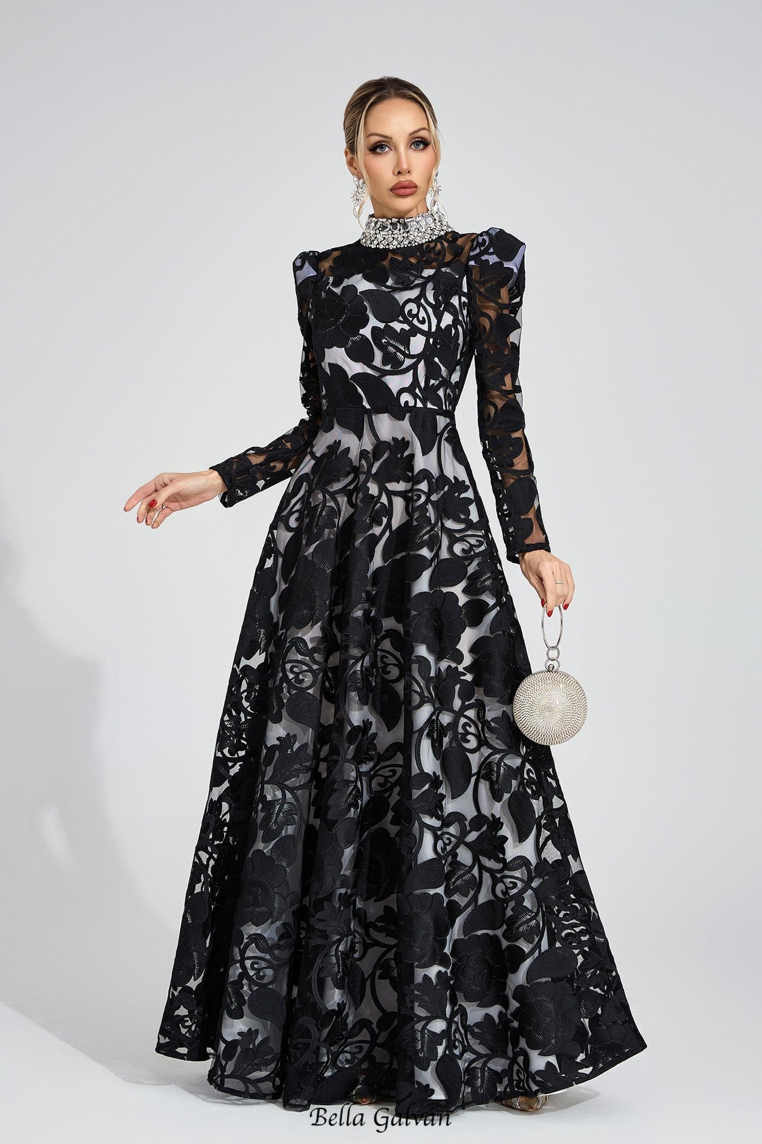 Flowering Girl Women sheila Black Diamond embroidered tulle Maxi Dress