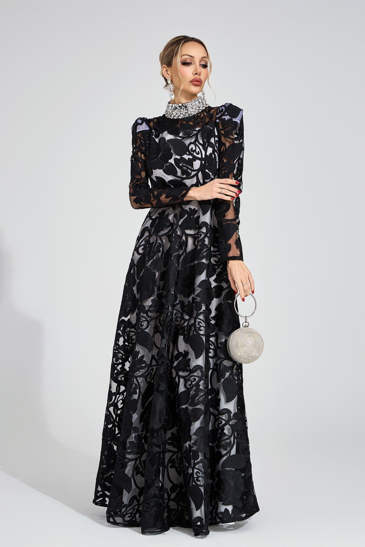 Flowering Girl Women sheila Black Diamond embroidered tulle Maxi Dress