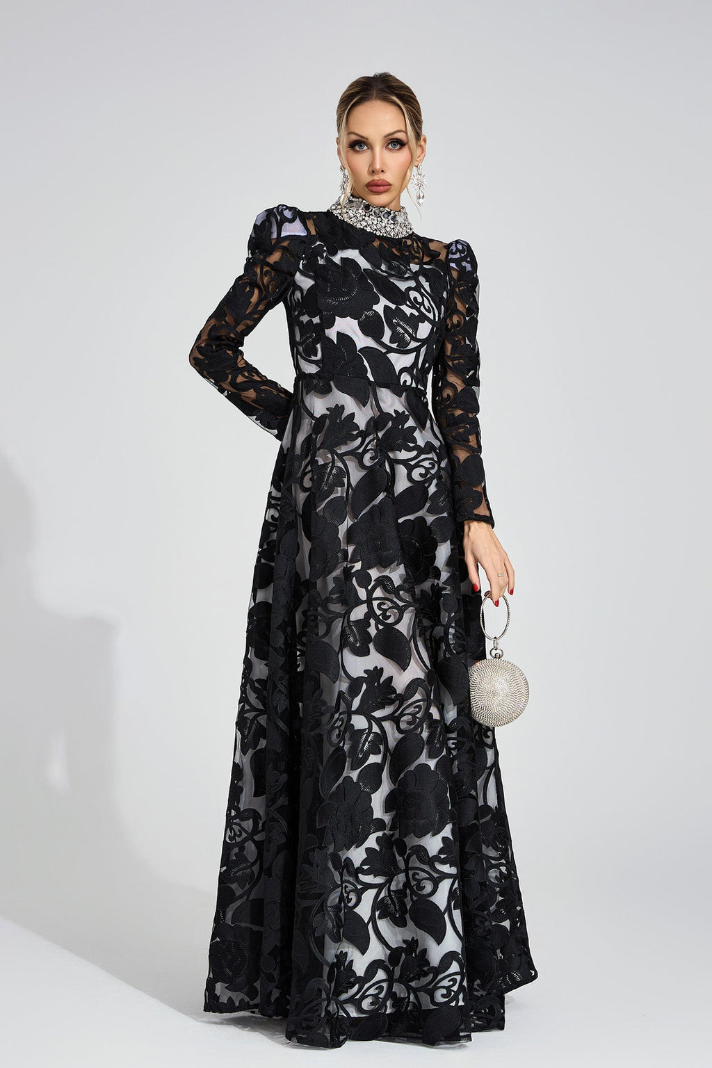Flowering Girl Women sheila Black Diamond embroidered tulle Maxi Dress