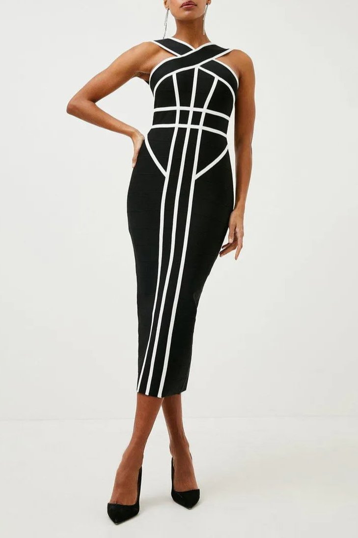 Flowering Girl Women Myrna Cross Strap Color Block Midi Slit Dress
